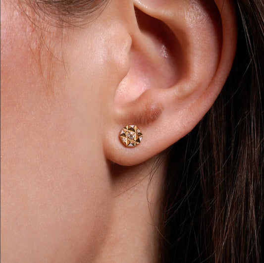 18k gold stud earrings with diamonds and white enamel, additional view