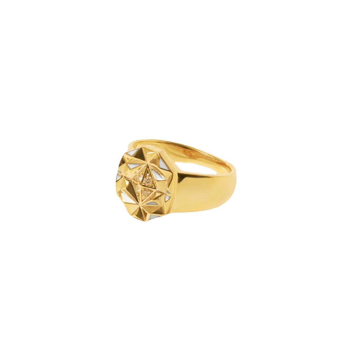 18k gold pinky ring with diamonds and white enamel, geometric design