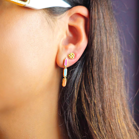 18k gold stud earrings with diamonds and white enamel, additional view