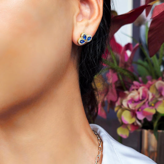 18k white gold teardrop earrings with blue sapphires and diamond halos, additional view