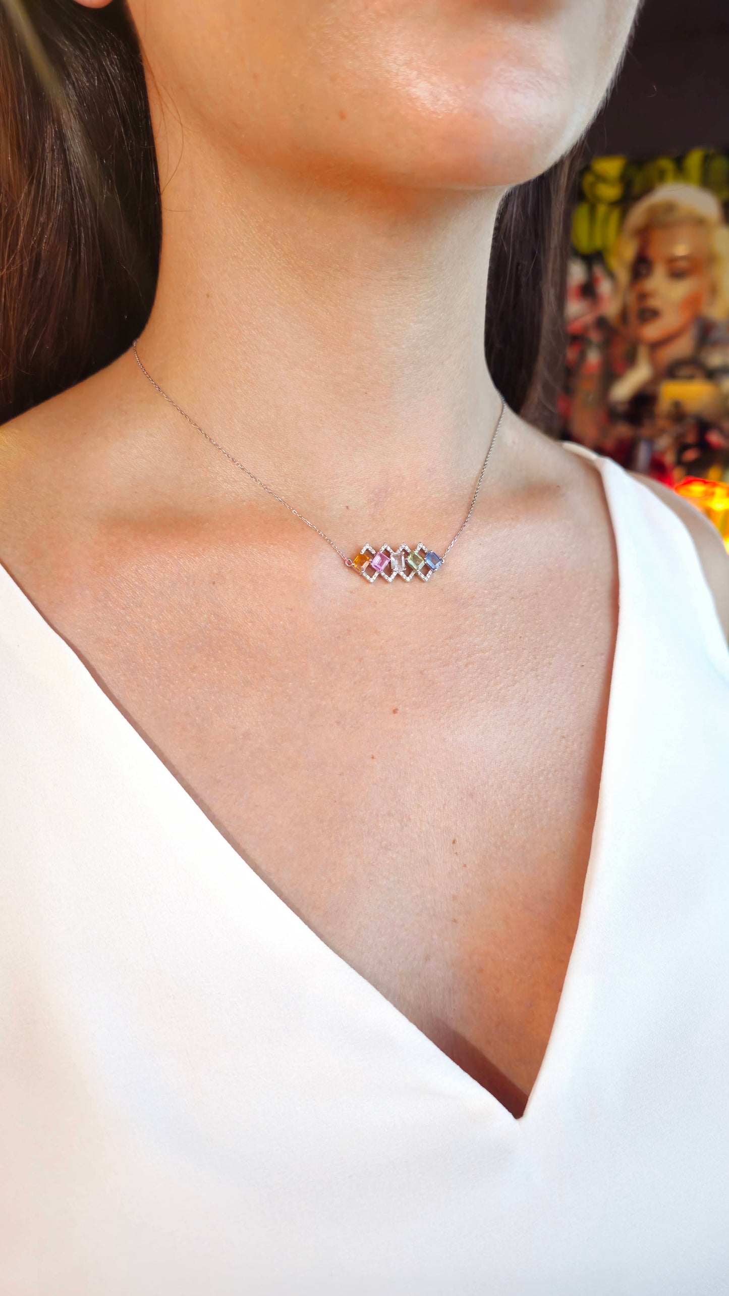 18k white gold necklace with sapphires in geometric cage frames and diamonds, additional view