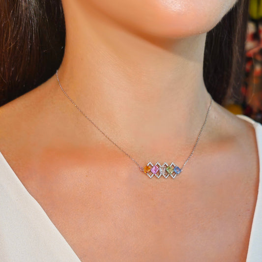 18k white gold necklace with sapphires in geometric cage frames and diamonds, additional view