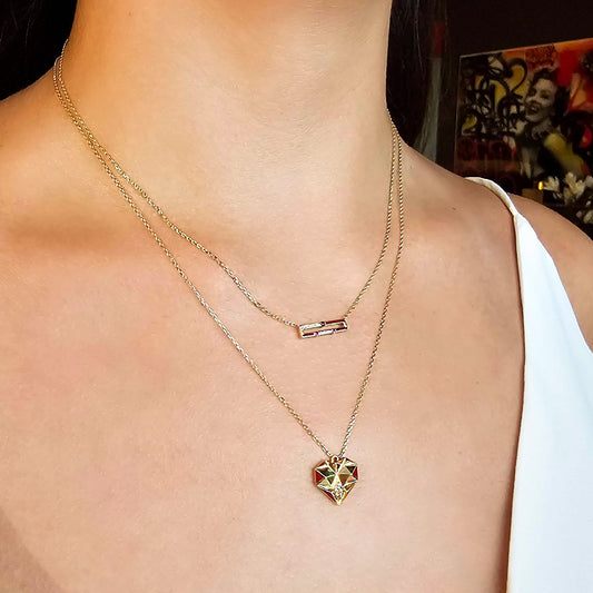 18k gold heart-shaped necklace with red enamel and diamonds, additional view