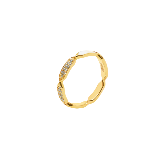 18k gold ring with diamonds and white enamel, rotating design