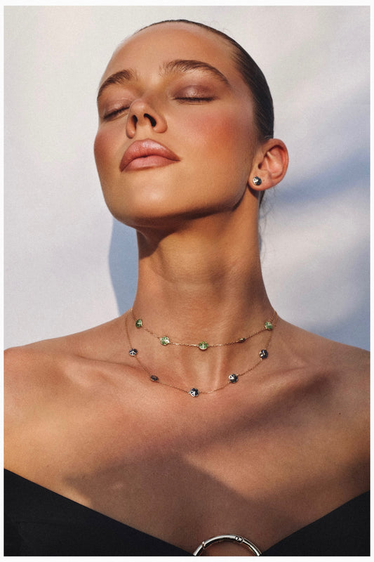 18k gold necklace with Flower of Life-inspired enamel pendant and diamonds, additional view