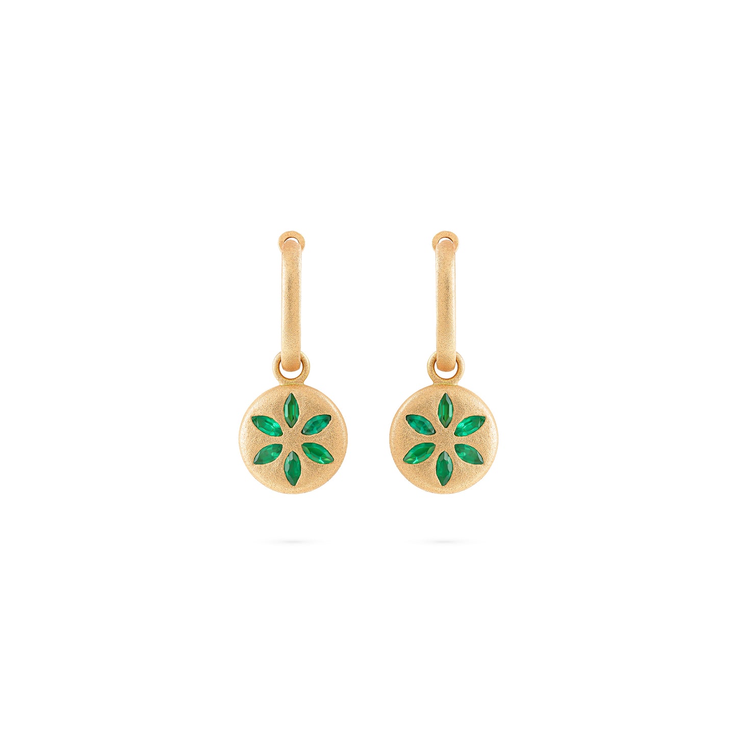 7LEAVES Palimpsest matte yellow gold earrings with emeralds on a white background, alternate view