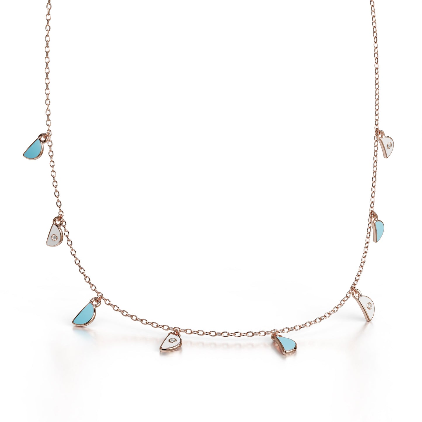 18k rose gold charm pendant necklace with blue enamel and diamonds, additional view