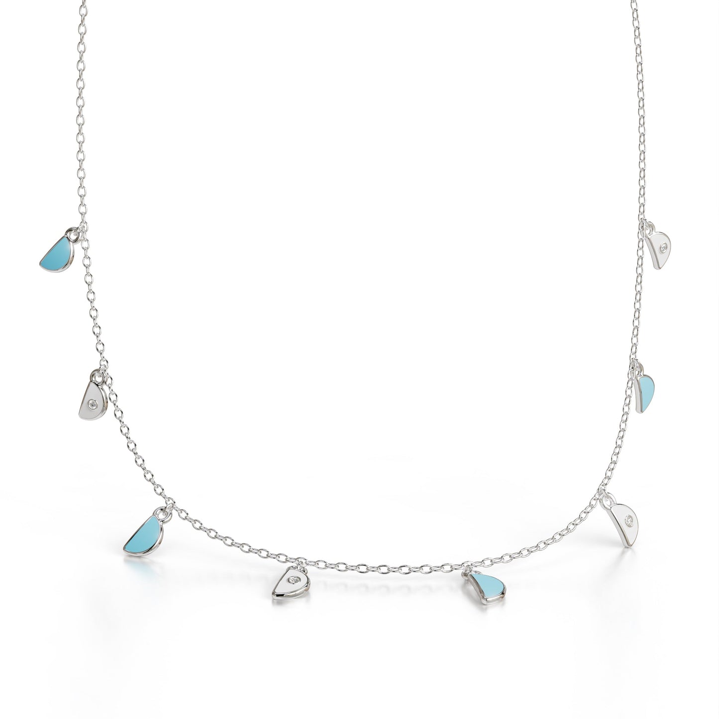 18k white gold charm pendant necklace with blue enamel and diamonds, additional view