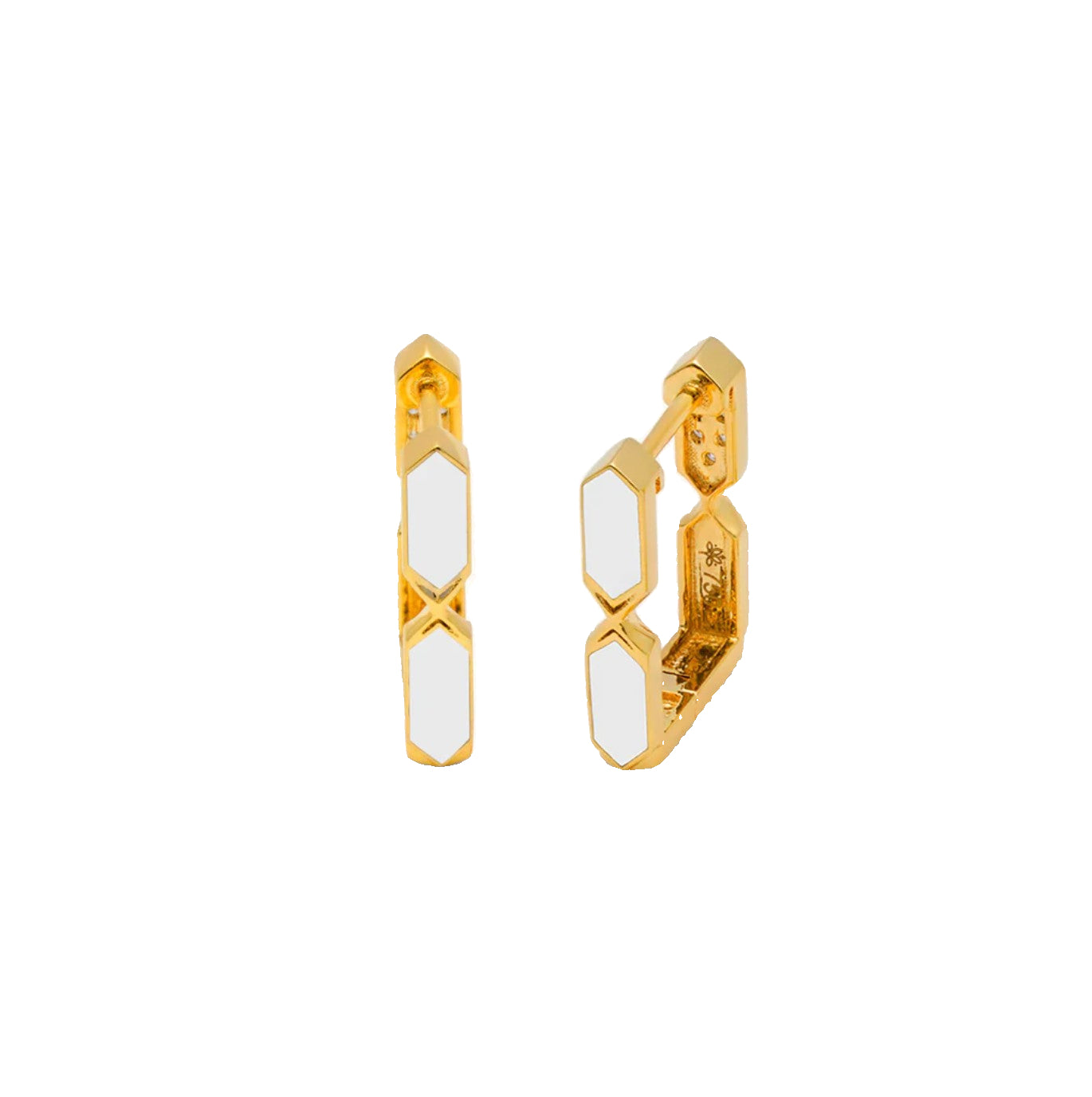 Gold hoop earrings with white stones on a white background