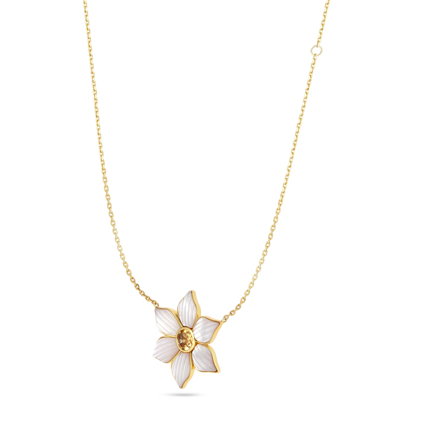 18k gold pendant necklace with carved mother of pearl petals and a citrine center, additional view
