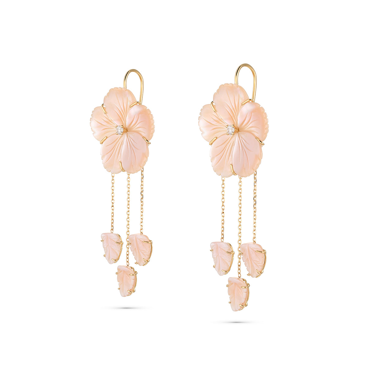Pair of pink floral earrings with gold accents on a white background