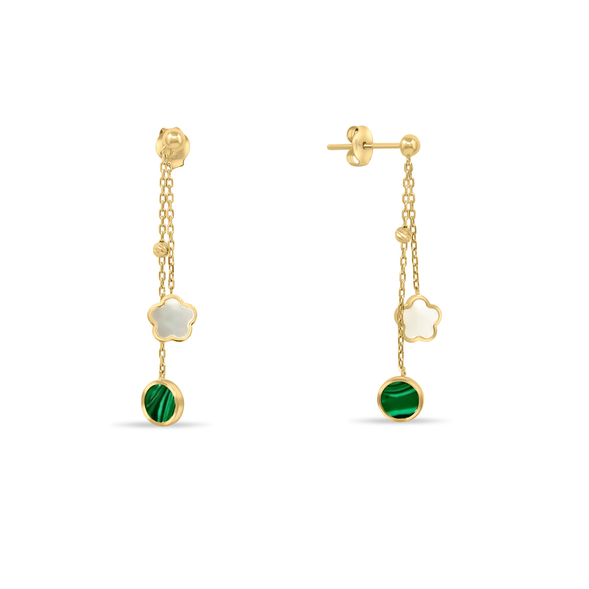 Gold earrings with green and white stones on a white background