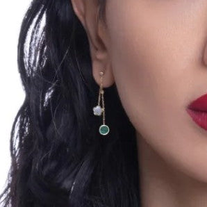 Close-up of a person wearing earrings with a white background