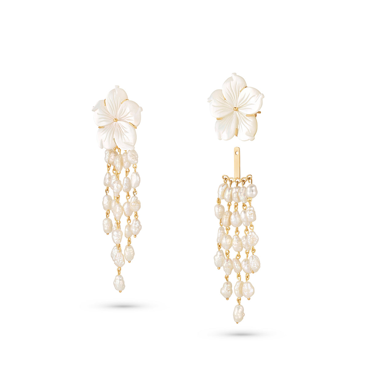 Pair of floral earrings with pearl drops on a white background