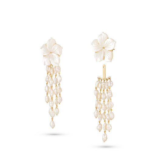 Pair of floral earrings with pearl drops on a white background