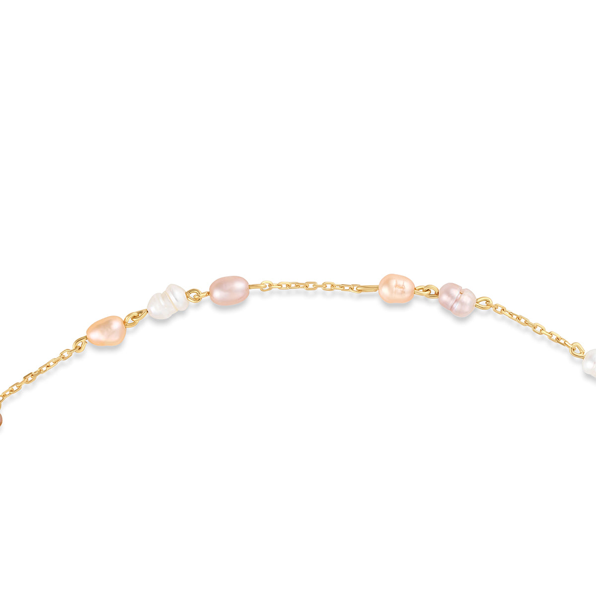 Gold necklace with pearls on a white background