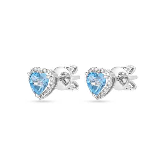 18k white gold heart-shaped stud earrings with blue topaz and diamond halo, additional view