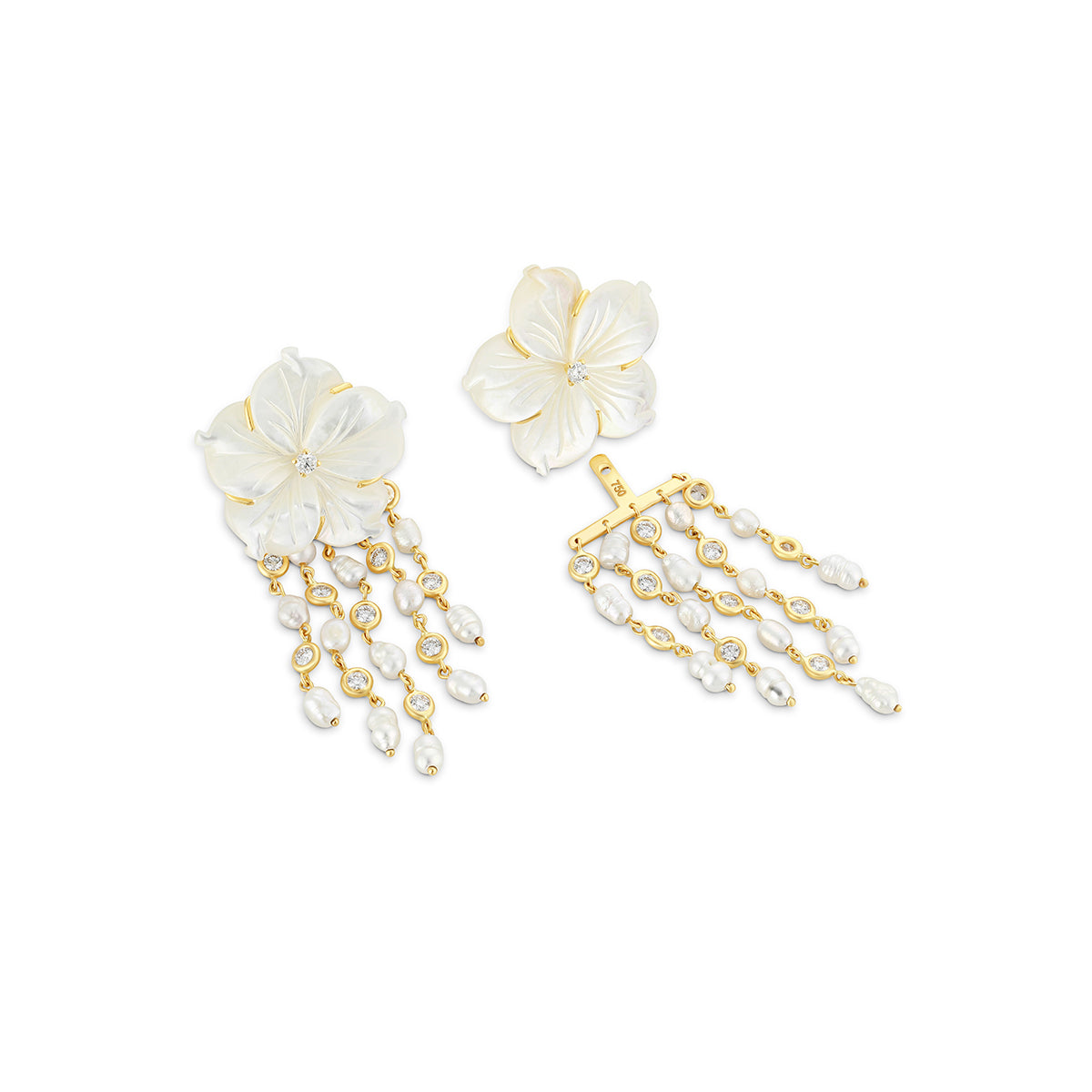 Pair of floral earrings with gold and pearl details on a white background