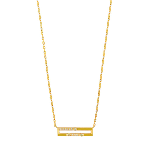 Gold necklace with a bar pendant on a white background