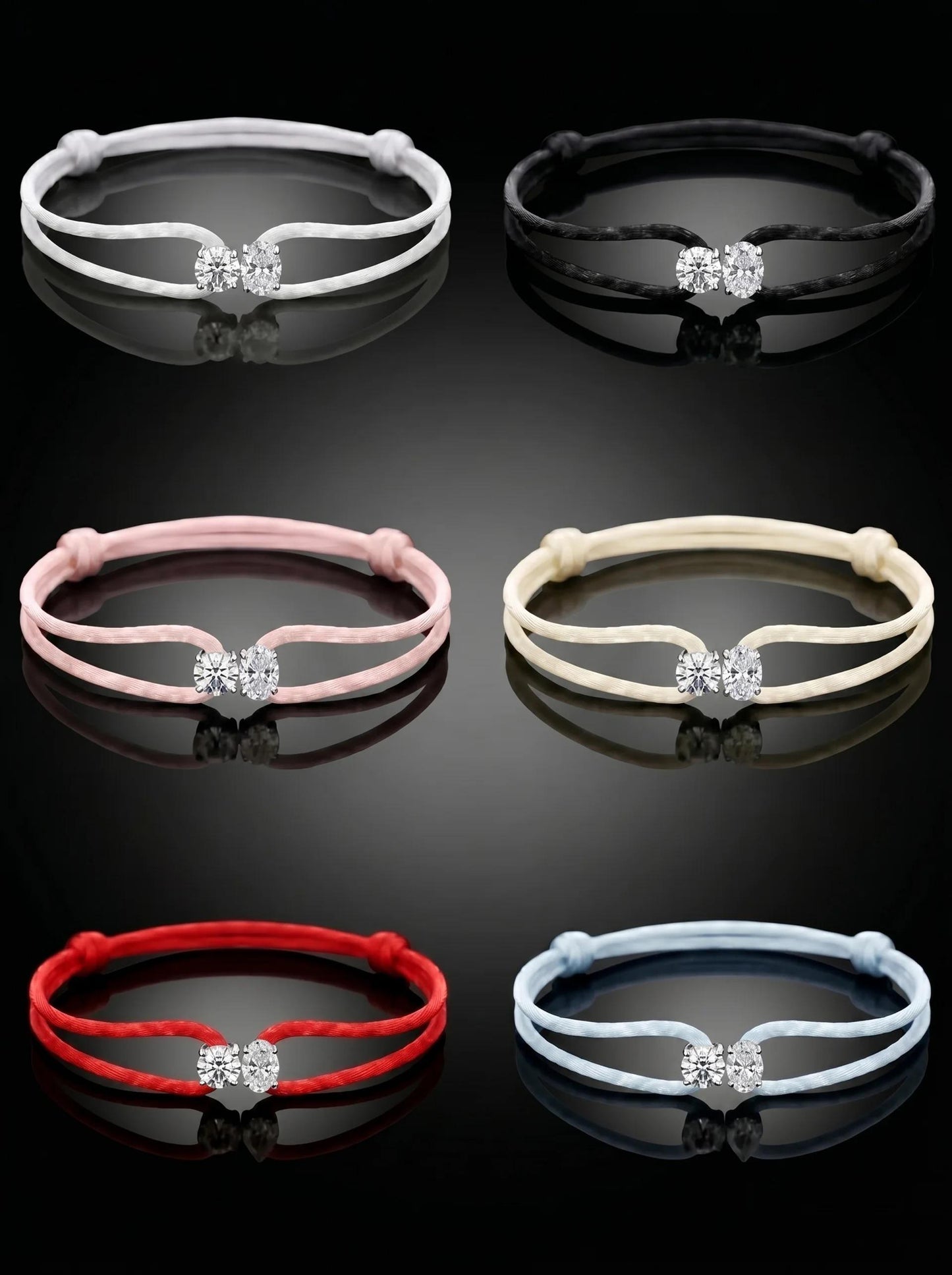 Set of six bracelets in different colors on a black background