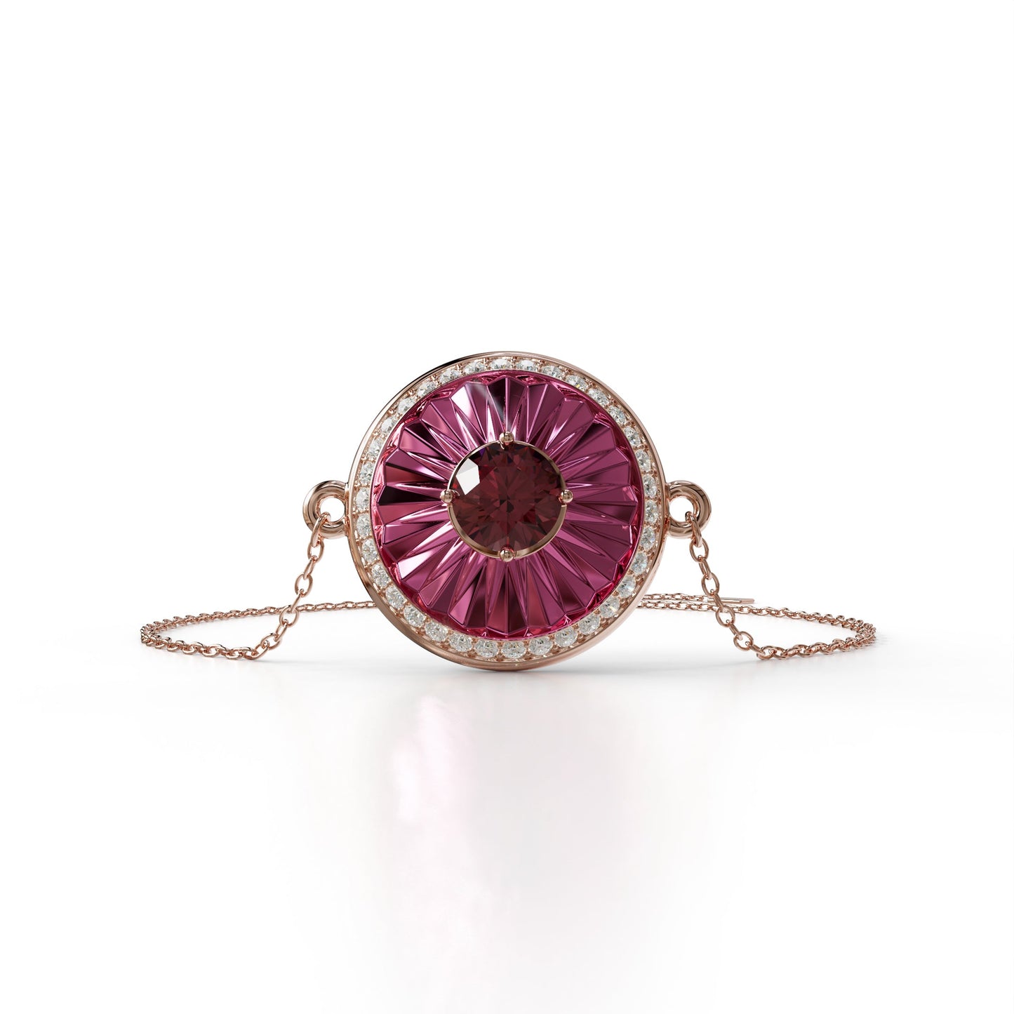 18k rose gold bracelet with rubellite, diamond halo, and burgundy enamel, additional view