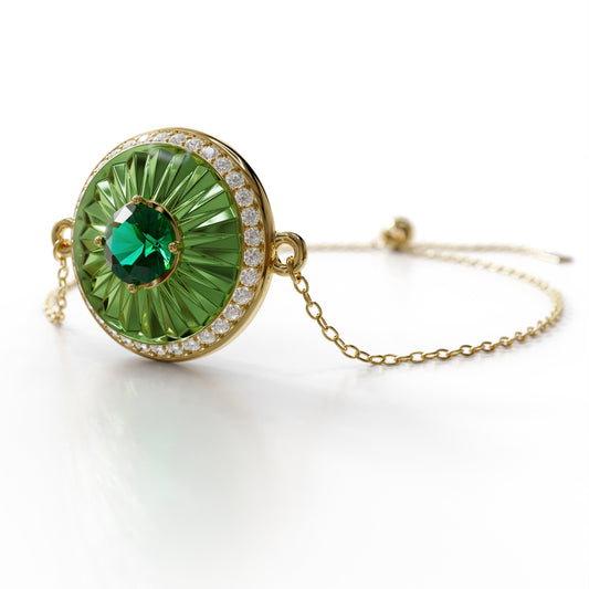 18k gold bracelet with verdelite, diamond halo, and green enamel, additional view