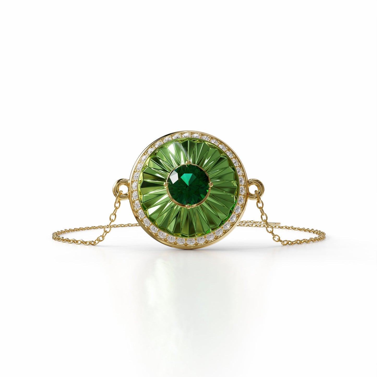 18k gold bracelet with verdelite, diamond halo, and green enamel, additional view