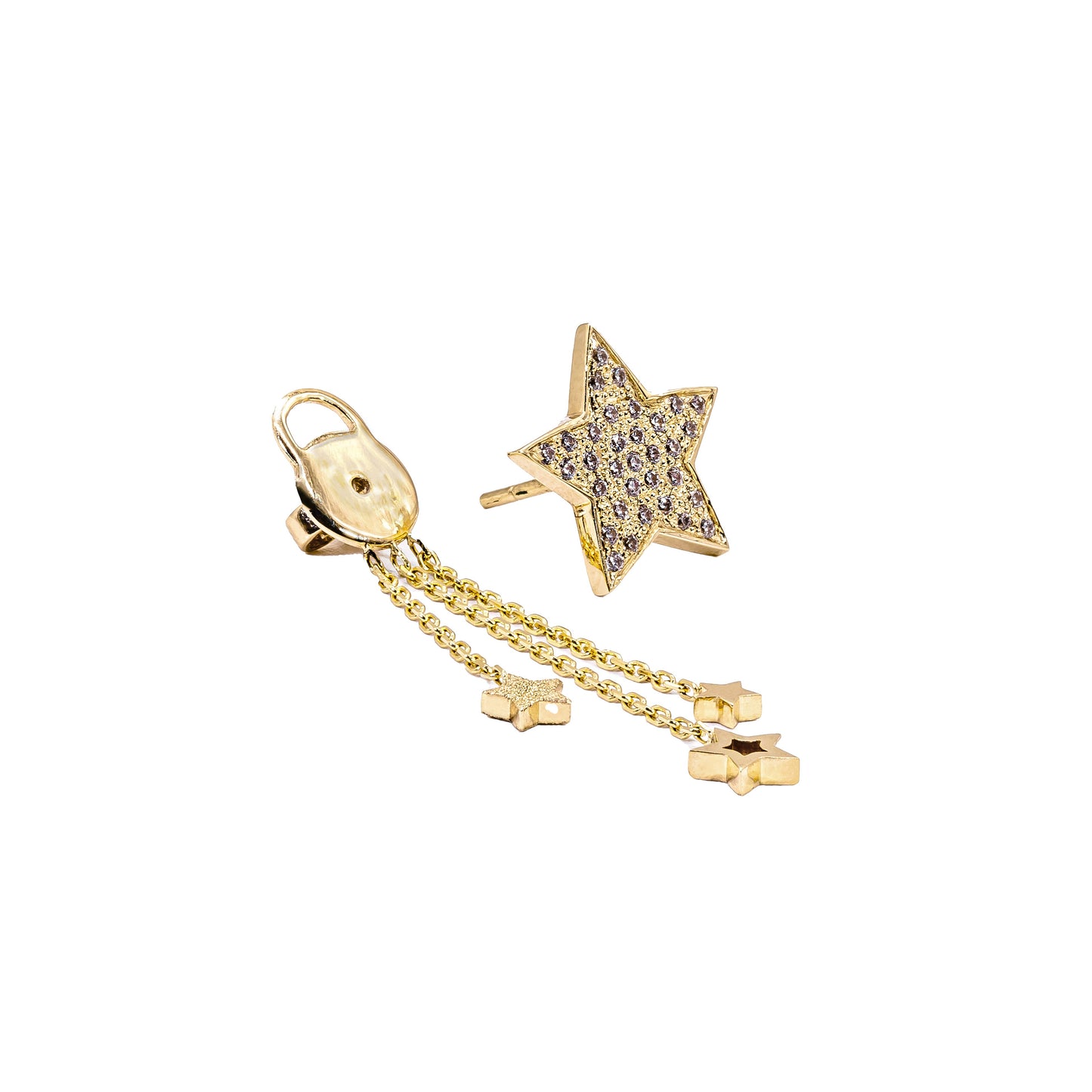 Gold star-shaped earring with chain on a white background
