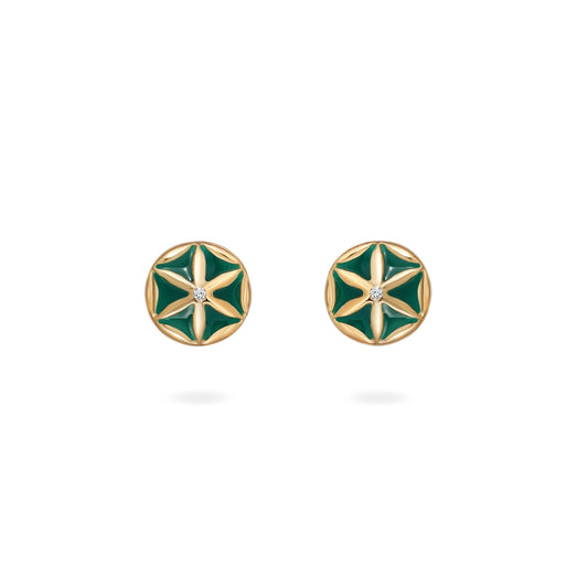 18k gold earrings with Flower of Life-inspired enamel design and diamonds