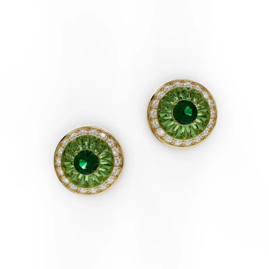 18k yellow gold earrings with verdelite, diamond halo, and green enamel, additional view