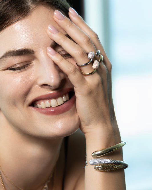 ALLAMI Ezil diamond bracelet and diamond rings worn on model, original J5 photoshoot