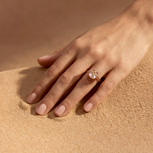 Nur Tesra Morganite Ring in 18k yellow gold worn on the hand