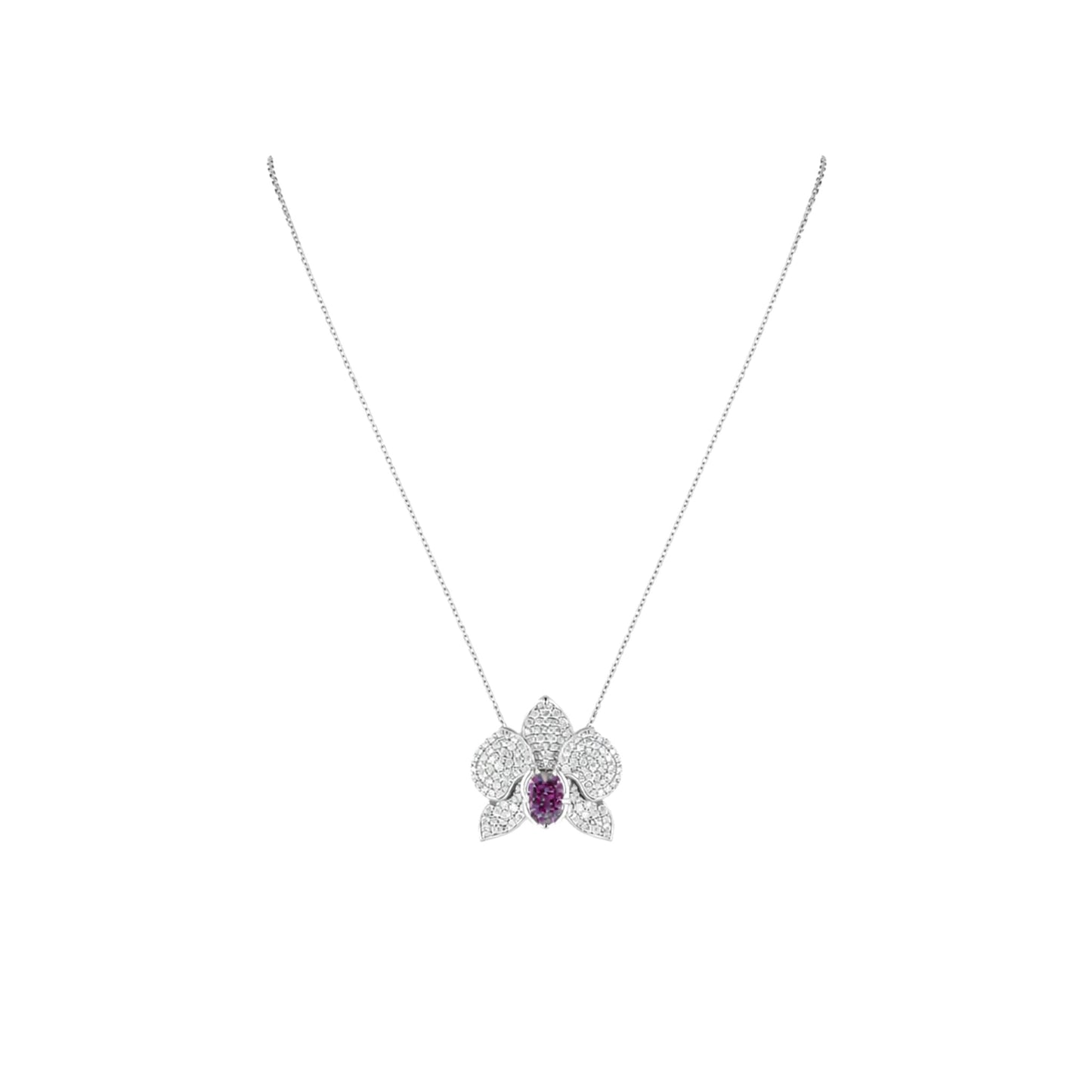 Ranimor Diamond Orchid Necklace in 18K white gold with diamonds and pink sapphire, centered on pure white background