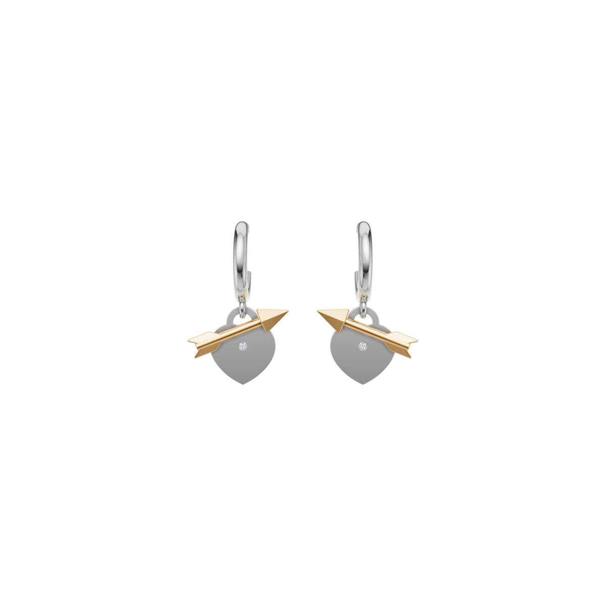 Rulla Arrowed Heart Earring in white and yellow gold on white background