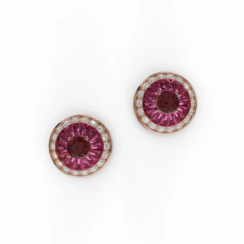 18k rose gold earrings with rubellite, diamond halo, and burgundy enamel, additional view