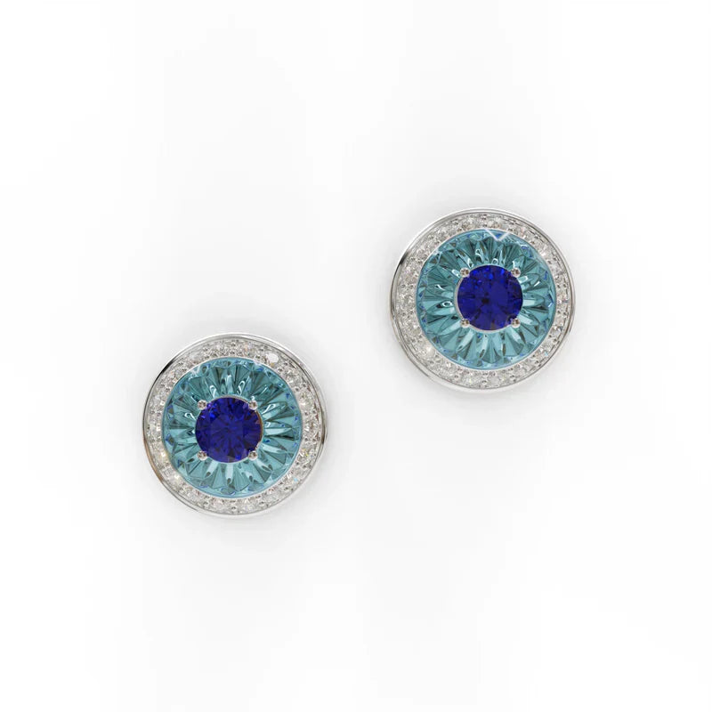 18k white gold earrings with tanzanite, diamond halo, and sky blue enamel, additional view