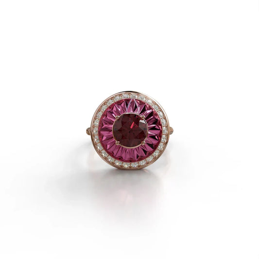 18k rose gold ring with rubellite, diamond halo, and burgundy enamel, additional view