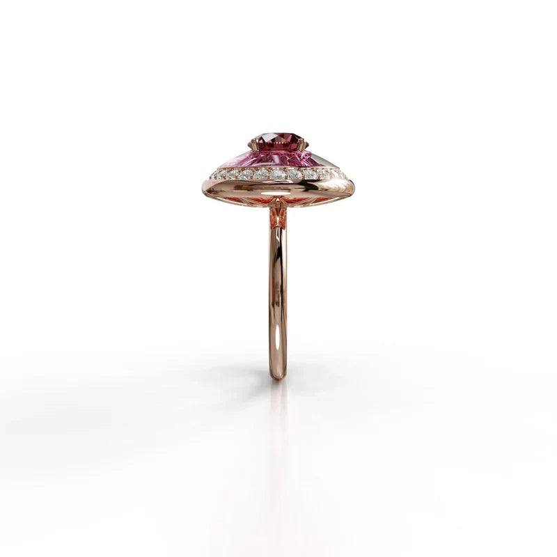 18k rose gold ring with rubellite, diamond halo, and burgundy enamel, additional view