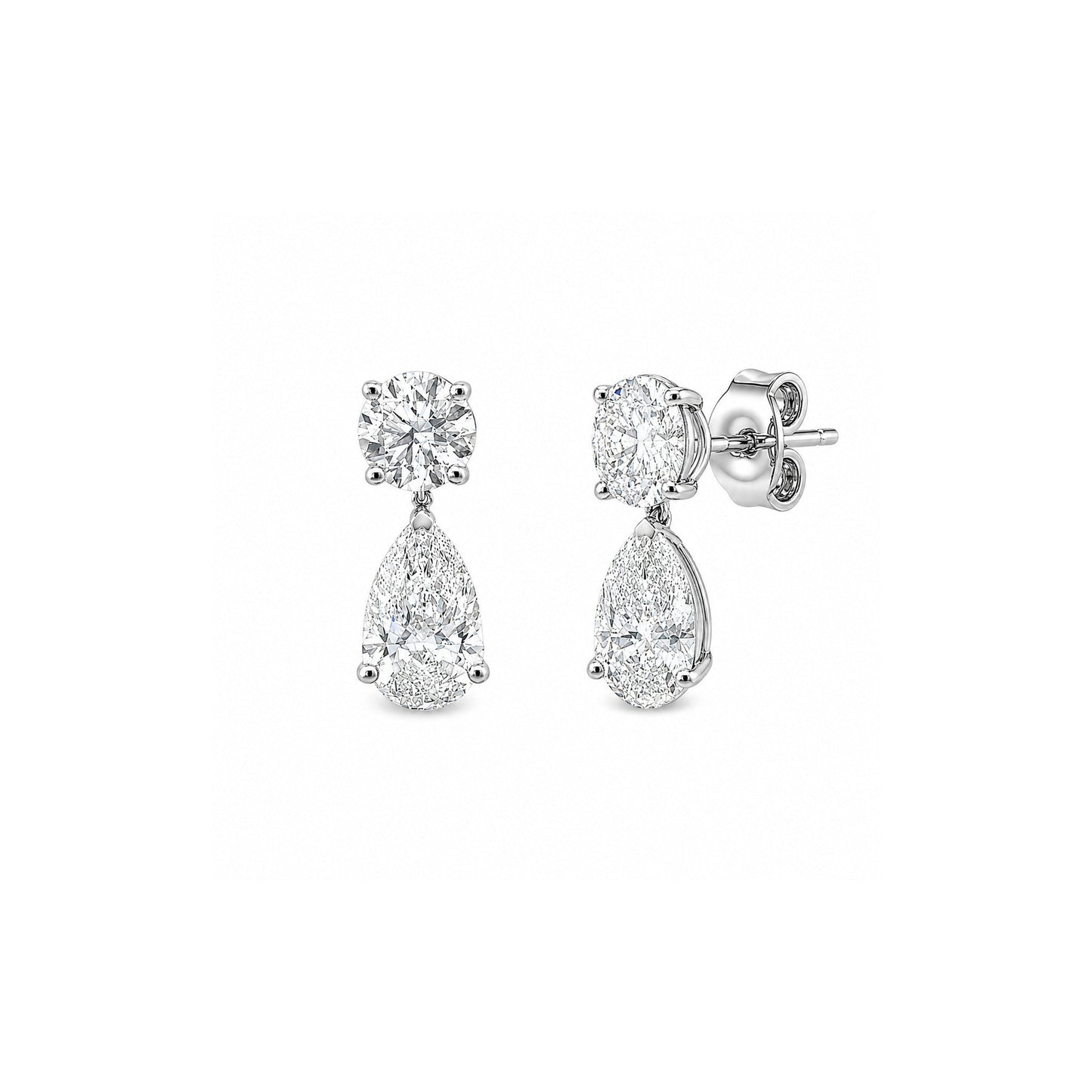 White Drop round and pear diamond drop studs in 18K white gold alternate view