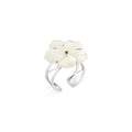 18k white gold open ring with mother of pearl star flower and emerald