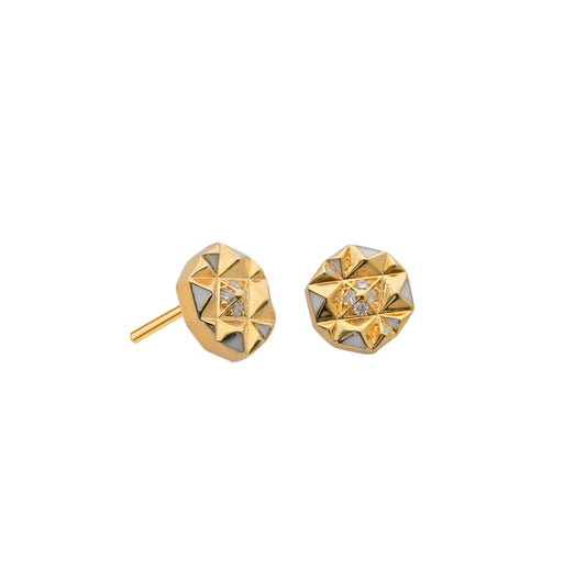 18k gold stud earrings with diamonds and white enamel, additional view