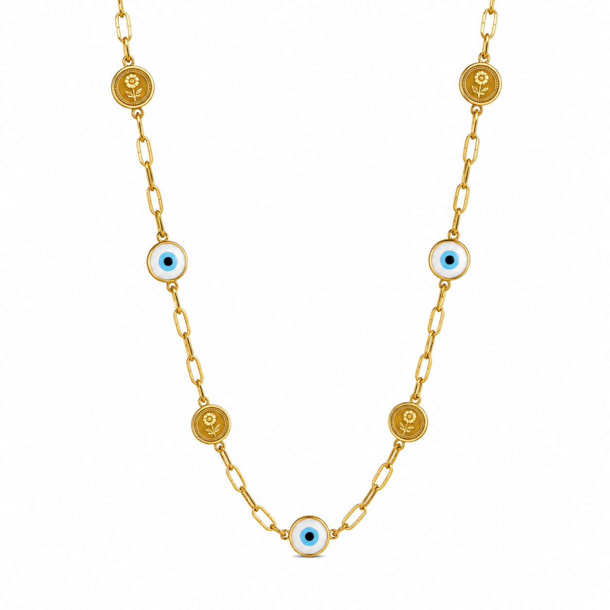 Gold necklace with eye-shaped charms on a white background