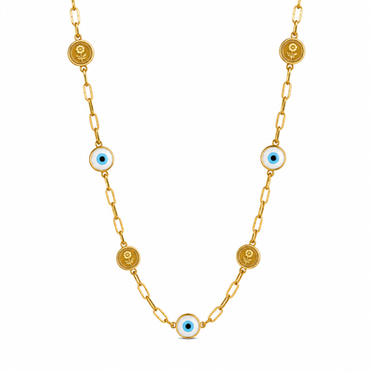 Gold necklace with eye-shaped charms on a white background