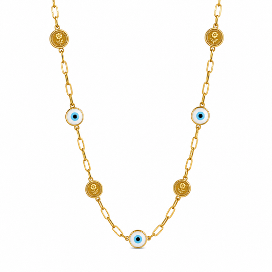 Gold necklace with eye-shaped charms on a white background