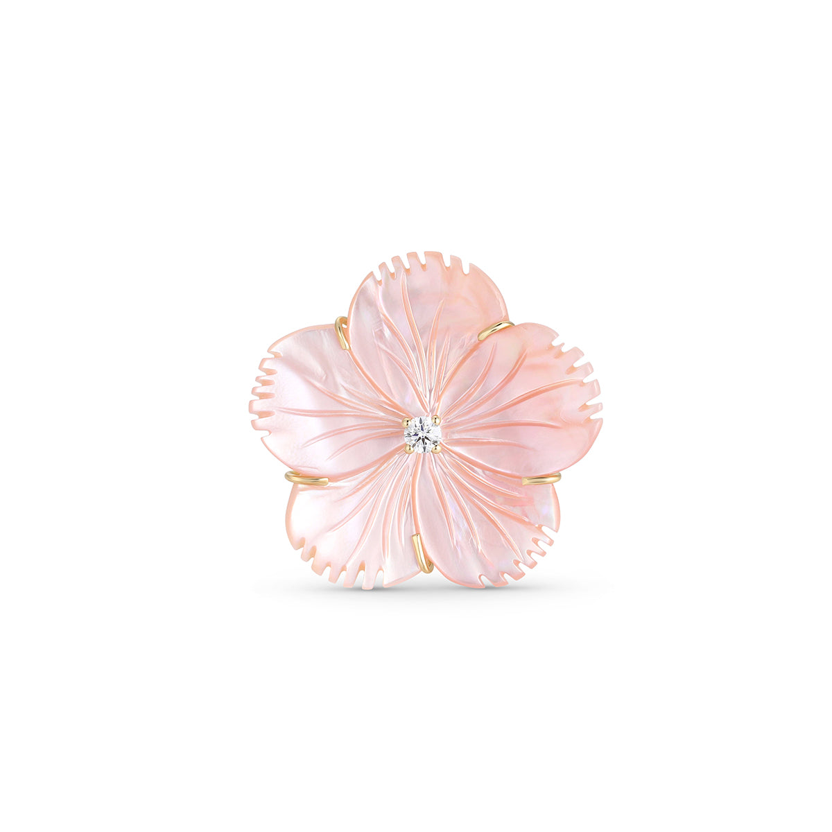 Pink flower-shaped brooch with a central gemstone on a white background