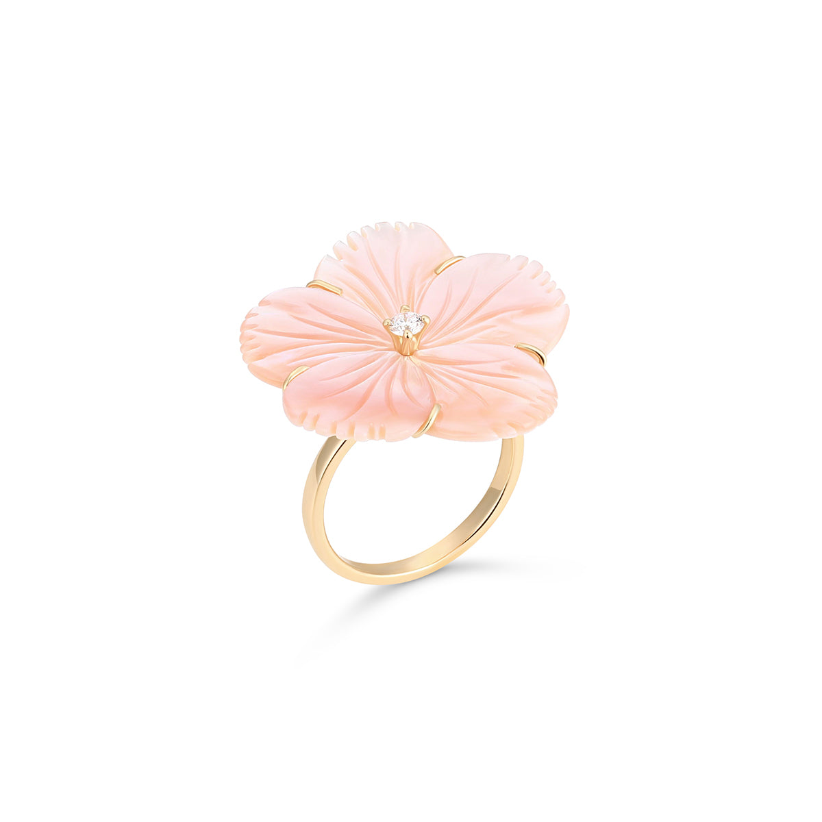 Pink floral ring with gold accents on a white background