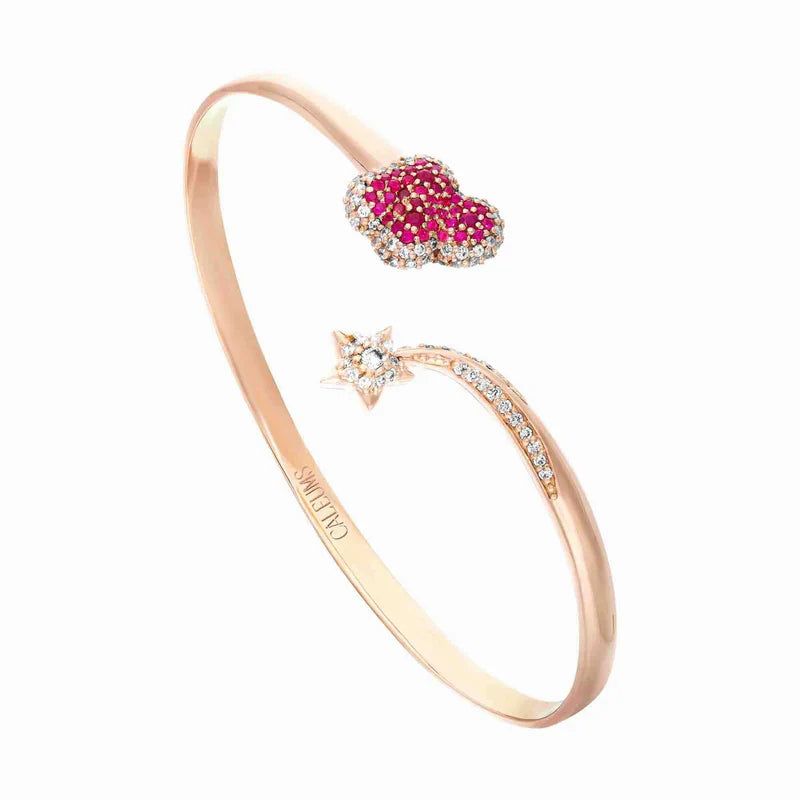 18k rose gold open bangle with a ruby heart and diamond-set star