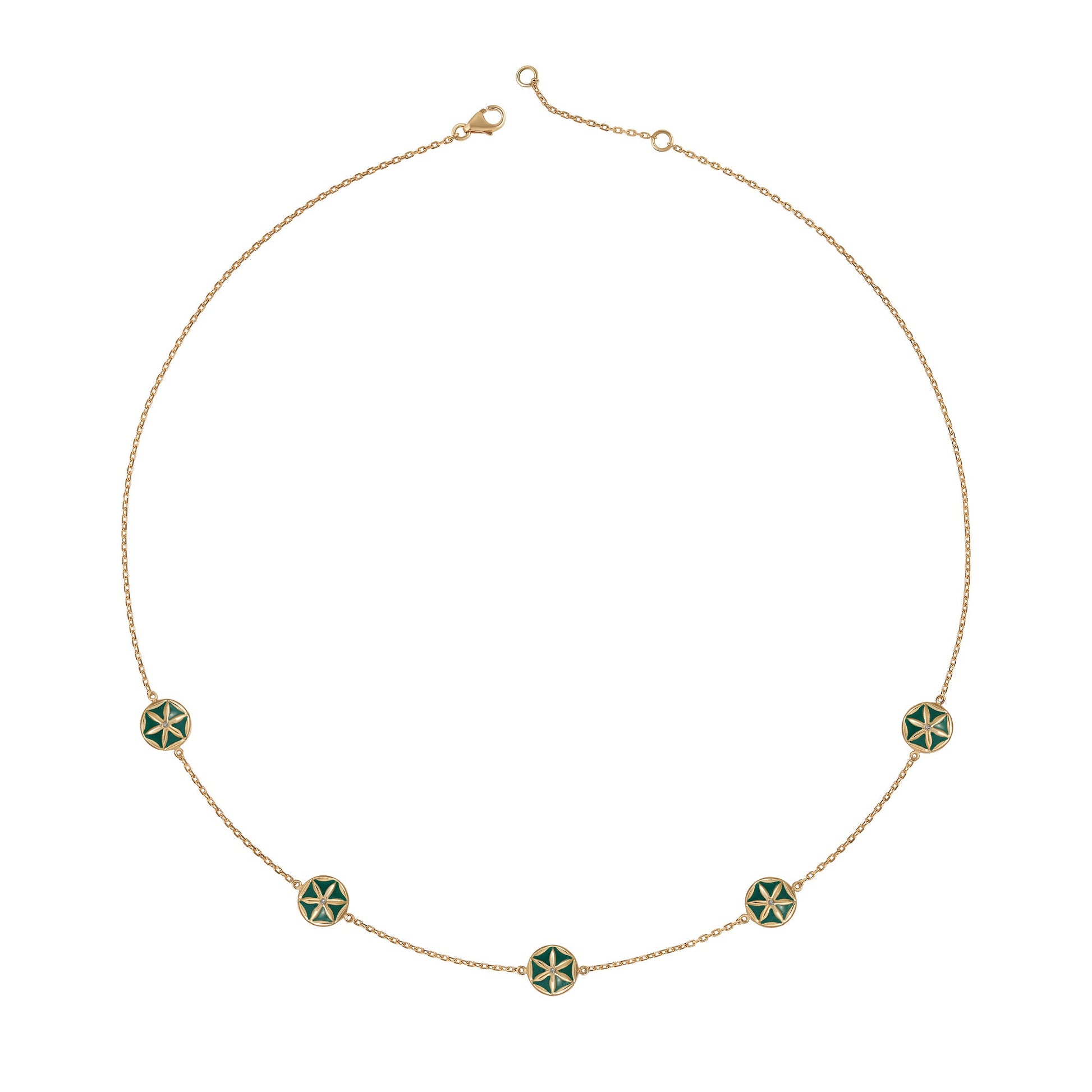 7LEAVES Flower of Elements green necklace centered on a white background