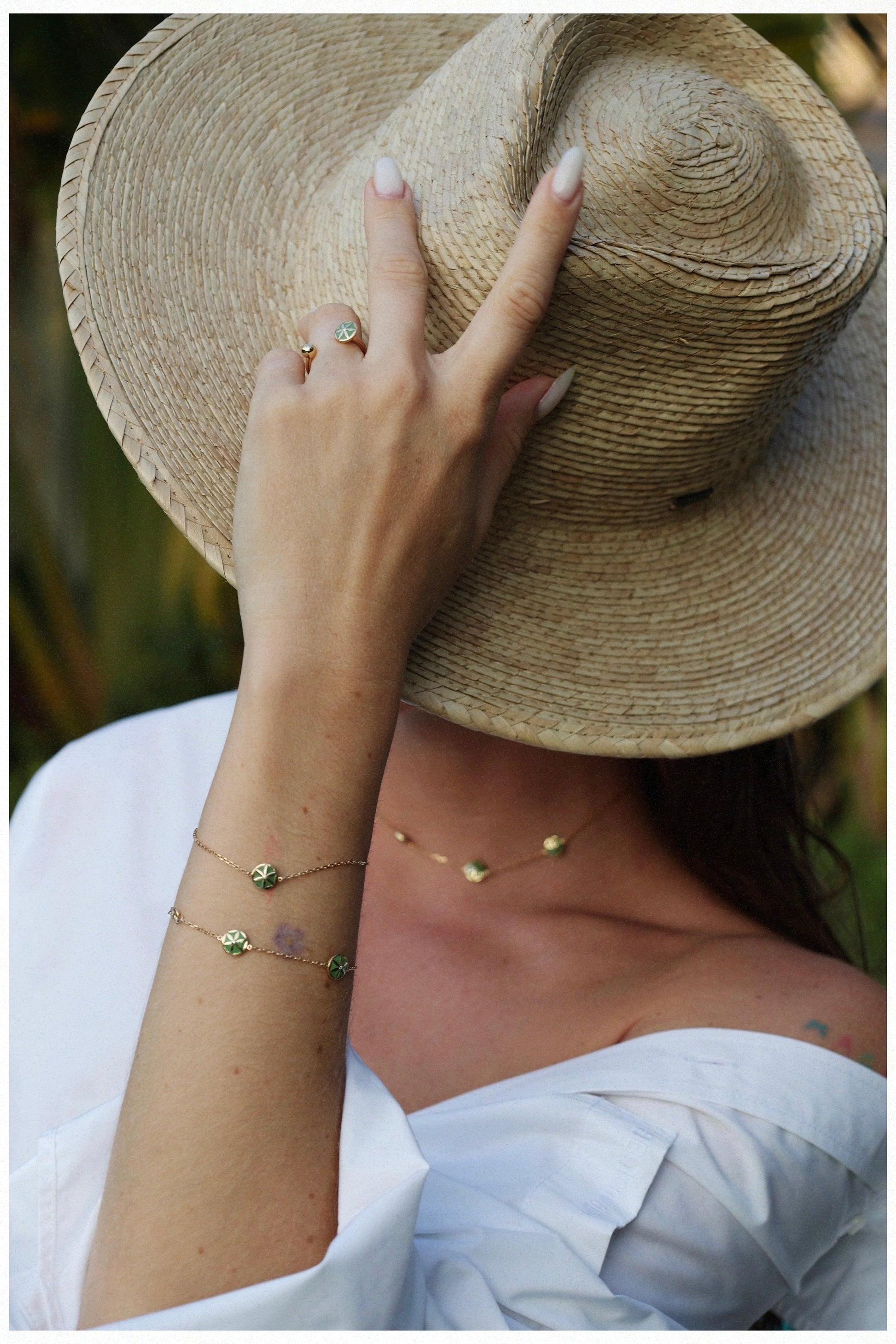 7LEAVES Flower of Elements bracelet worn in a lifestyle portrait