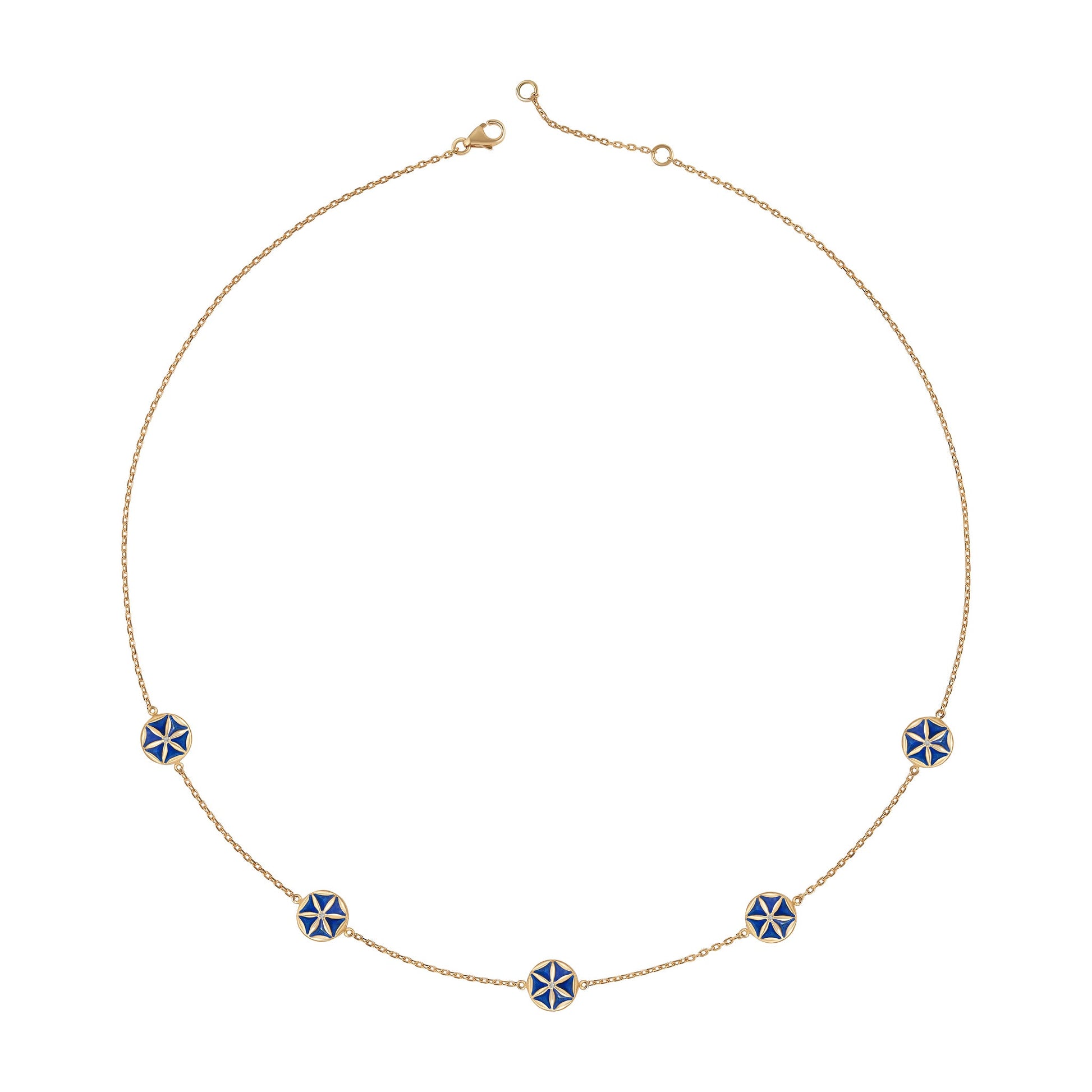 7LEAVES Flower of Elements blue enamel necklace on a white background